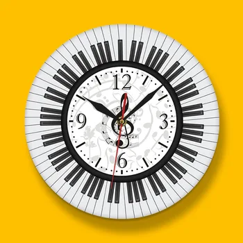 Muzica De Pian Tastatură Imprimare Ceas De Perete Rotund Alb Negru Note Muzicale Cheie Cuarț Ceas Reloj De Pared Design Modern Muzician Cadou
