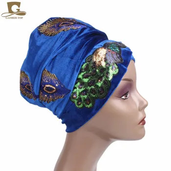 Noi, Femei de Lux elegante, paiete păun broderie Lungă de Catifea Turban Nigerian Turban Cap Împachetări Hijab Cap Eșarfă Turbante