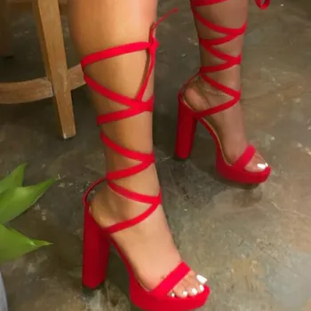 Noi Femeile Platforma Sandale de Vara Lace Up Black Red Gros Tocuri inalte Sexy si Damele de Curea Glezna Pantofi Cross-legat de sex Feminin Sandalias