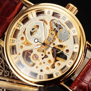 Noi SEWOR Luxury Brand de Aur Transparent Ceas Skeleton Barbati Mână Mecanică a Vântului Ceas de mână de sex Masculin de Moda Ceas din Piele Trupa