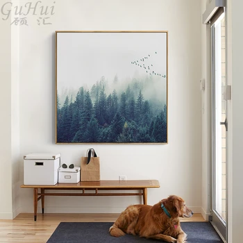 Nordic Ceață Pădure De Păsări, Copac, Peisaj Panza Pictura Decorativa Poster De Arta De Perete Tablou Living Home Decor De Birou