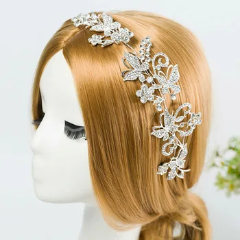 Nunta de lux Mireasa Accesorii de Par Floare Fluture Metal Tiara cu Bandă de susținere Placat cu Argint, Cristal de Păr Viță-de-vie Tiara pentru Femei