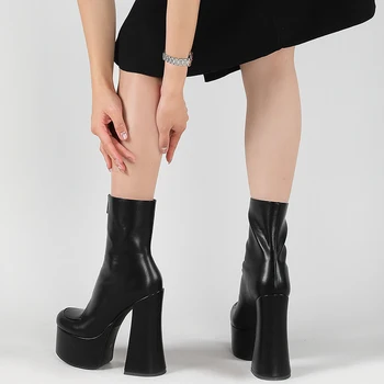 Perixir Design Doamna Cizme Glezna Cu Fermoar Frontală Toc Gros, Platforma Rotund Toe Încălțăminte 2021 Noi Fete De Moda Ține De Cald Pantofi Femei