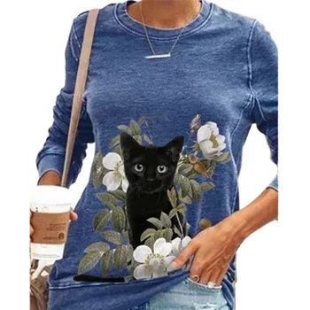 Plus Dimensiune Pisica Drăguț În Floare de Imprimare Casual T camasa Femei Maneca Lunga Albastru T-shirt 3XL 4XL 5XL Gât Rotund Nouă Primăvară Doamna Topuri