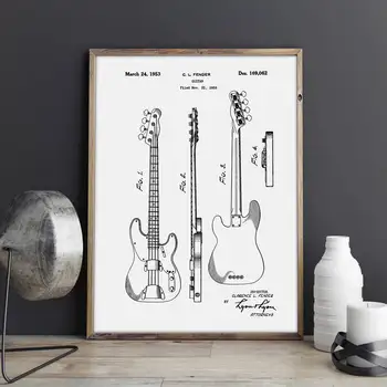 Precision Bass Brevet,Chitara Fender,poster de perete,decor sala,print vintage,model,Muzician idee de cadou, muzica Decoratiuni