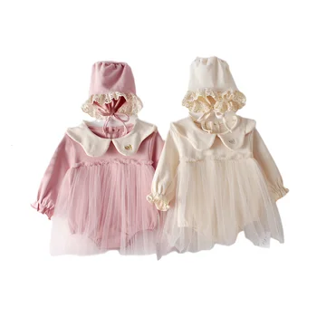 Primavara Fetita Costume Fete Baby Maneca Lunga Guler Brodat Ochiurilor De Plasă De Bumbac Hardcover Creeper Fetițe Haine