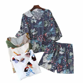 Primăvara Și Vara Femei V-neck Maneca Trei sferturi Top+pantaloni Scurți Set de Pijama de Bumbac Subțire Satin Stil coreean Confort Vrac Homewear