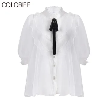 Puf alb Maneca Topuri Pentru Femei de Moda Elegant Arc Volane de Dantela Bluze Femei 2020 Primavara Toamna blusas