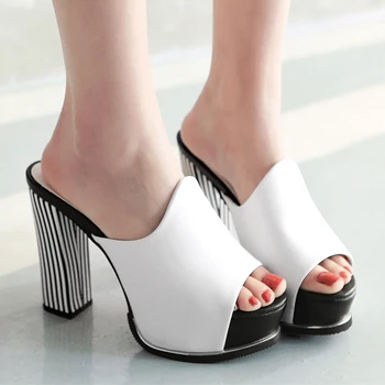 Pătrat cu toc papuci femei sandale platforma papuci de vara sandale cu toc sexy femei flip flops black white