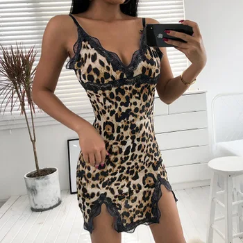 QWEEK Lenjerie Sexy Acasă Rochie Femei cămașă de noapte Leopard Cămășuță de noapte Cămașă de Noapte pentru Femei Cameră Purta Pijamale, îmbrăcăminte de noapte
