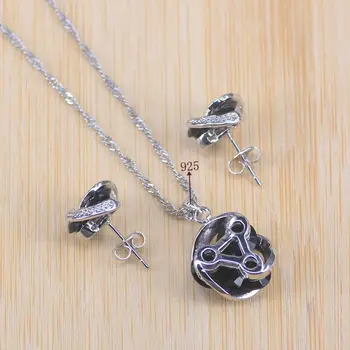 Risenj norocos rotund culoare argintie set de bijuterii pentru femei cercei inele colier pandantiv negru de zircon cubic de partid cadou