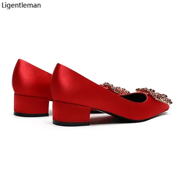 Satin roșu Stras Pantofi Femei Bază Pompe 2021 Satin Rosu Cataramă de Diamant Ascutit toc mic Patrat de Muncă Moda Pantofi Femei Pantofi