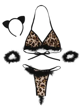Set de Lenjerie erotica pentru Femei Leopard Print Lace-up Sutien Topuri T-Spate Boxeri Lenjerie de corp cu Pene Bratara Pisica Urechi pe Bentita