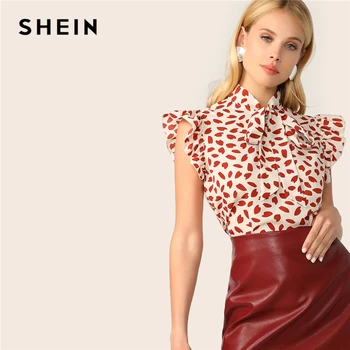 SHEIN Elegant Cravata Roșie la Gât Zburli Asieta Petală de Imprimare de Top Bluza Femei Vara 2019 Doamnă Birou de Lucru fără Mâneci Bluze