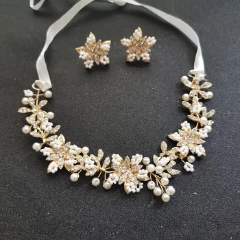 SLBRIDAL Handmade Cristal Stras Perle de Flori de Nunta Bentita/Colier Cercei Set Mireasa Accesorii de Par pentru Femei Bijuterii