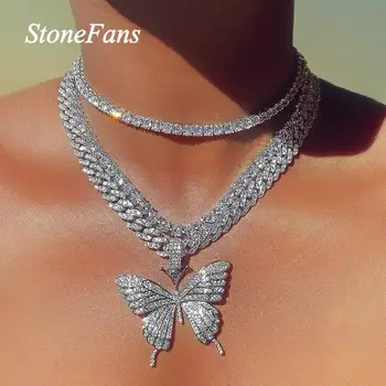 Stonefans de Lux Cubanez Link-ul Lanț Cravată Colier Pandantiv Fluture pentru Femei Hip Hop de Gheață Afară Stras Colier Bijuterii