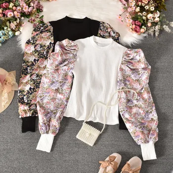 Toamna Bluze Design De Produs Nou Bubble Tricou Maneca Cusături Fals Două Tricou Florale Florale Slim De Slabit Jacheta Femei 2020