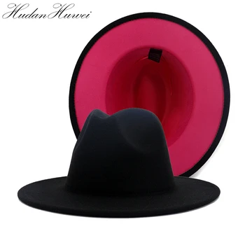 Trandafir Rosu Mozaic Negru Pălărie Margine Largă de Lână Simțit Fedora Supradimensionate Pălărie Primăvară Vară Toamnă Iarnă Pălării pentru Femei Elegante