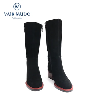 VAIR MUDO Cizme de Iarna Pantofi Femei Copilul de piele de Căprioară Negru Elegant, Tocuri Groase de Moda Toamna Iarna de la Jumătatea Vițel Cizme Metal Decor ZT37