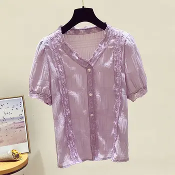 Vara Dantelă Bluze Tricouri Femei Coreene Noi Sifon Tricouri Topuri Femeie Temperament V-Gât Lace Sifon Tricouri Femei Bluza Slim