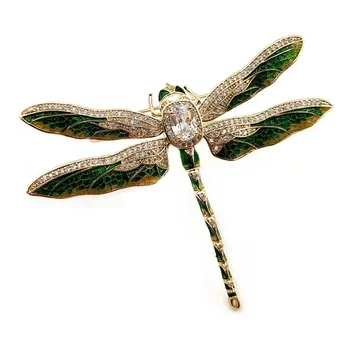 Vintage Verde Emailate Supradimensionat Libelula Broșe De Aur Ton Micro Pave Cristal Cu Aripi Mari Libelula Ace Unisex Insecte Bijuterii