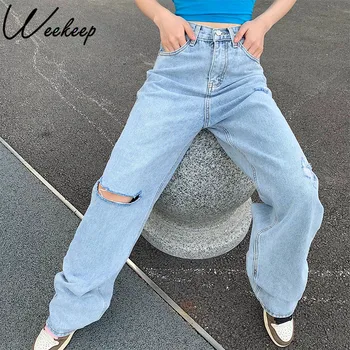 Weekeep Rupt-picior Larg Deschis Femei Blugi Talie Mare Albastru de Moda Streetwear Epocă Pantaloni de Vară de Moda Blugi Largi Femei