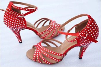 WUXIJIAO Satin latină dans pantofi Femei Stras companie pantofi de Salsa Party Ballroom pantofi de dans cu toc de 5 cm-10 cm