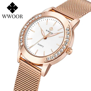 WWOOR Diamant de Lux Doamnelor Ceasuri 2020 Brand de Top Moda Femei Cuarț Încheietura Ceas de Aur roz a ochiurilor de Plasă Trupa Brățară Ceas Pentru Femei