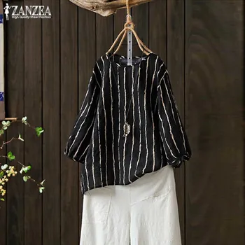 ZANZEA 2021 Vintage cu Dungi Camasi de Vara pentru Femei Bluza Casual, O-Neck Tee Camasa Femei Maneca 3/4 Blusas Mujer Caftan Tunica 5XL