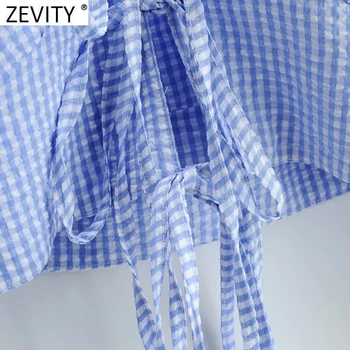 Zevity 2021 Femei Sexy Lace Up Carouri Scurtă de Imprimare Bluza Feminin Lantern Maneca Tricou Subțire Elegant Talie Mare Blusas Topuri LS7635