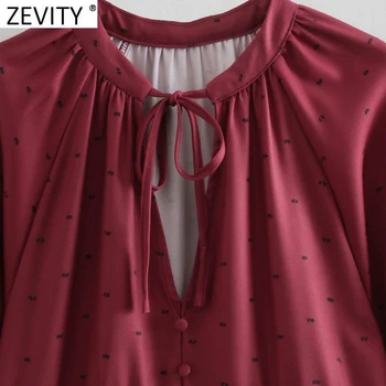 Zevity Noi 2021 Femei Dulce V-Gât Lace Up Print Pliuri Rochie Mini de sex Feminin Maneca Lunga Casual Chic Vestido Doamnelor Îmbrăcăminte DS4958