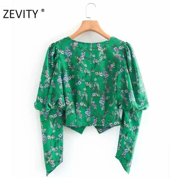 Zevity Noi femeile de moda puncte floare de imprimare casual slim scurt halat doamnelor bluza chic încreți puff maneca cu fermoar tricou topuri LS7135