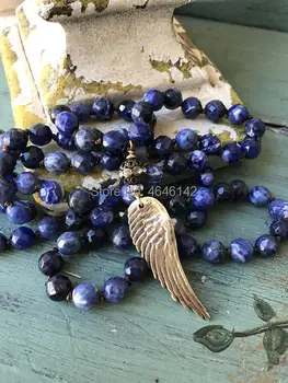 Înnodate semipretioase lapis lazuli Piatră Colier lung Multier Strat Aripi de Înger Farmecele Pentru Bratari Colier Aripi