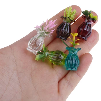 5pcs Vaza+flori casă de Păpuși, Miniaturi 1:12 Colorate Mini Ghiveci de Ceramica lucrate Manual Casă de Păpuși de Bucătărie din Ceramică DIY Decor