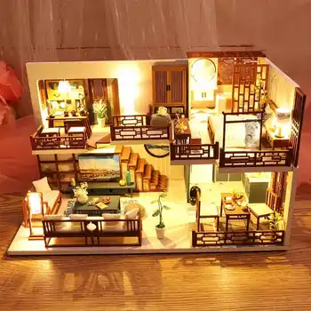 DIY Casa Papusa in Miniatura casă de Păpuși Cu Mobilier 1:24 Casa de Lemn Miniaturas Jucarii Pentru Copii de Anul Nou Cadou de Craciun 3d
